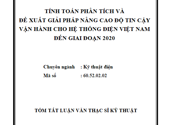 Tính toán phân tích và đề xuất giải pháp nâng cao độ tin cậy vận hành hệ thống điện Việt Nam đến giai đoạn 2020